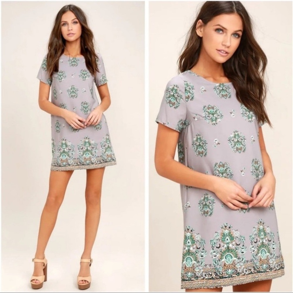 Lulu’s Gray Dandy Lion Print Shift Dress Medium Spring Summer Easter Wedding